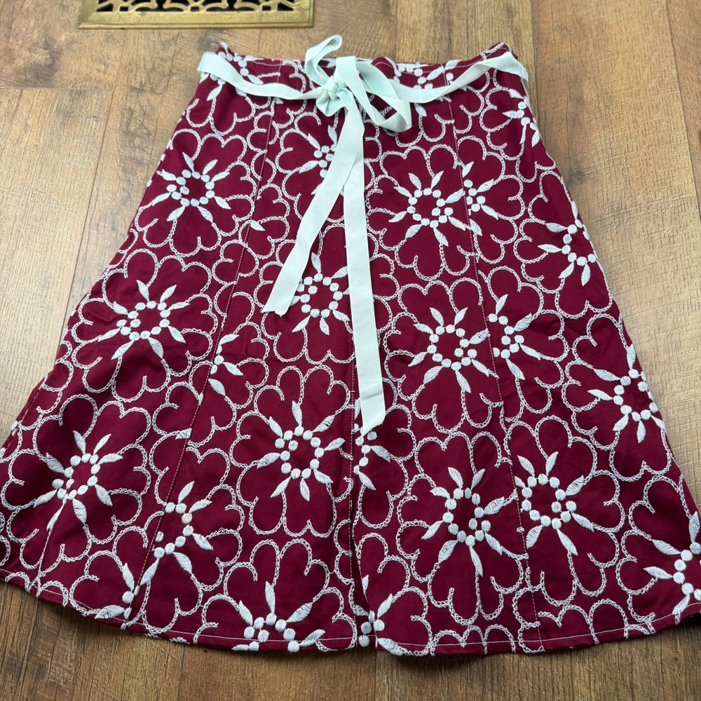 Anthropologie Ruth Vintage Y2K Burgundy Embroidered‎ Floral A Line Skirt Size 6